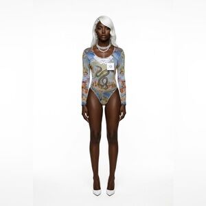 PLAYBOY Blue Multi Long-Sleeve Snake Print Bodysuit sexy new